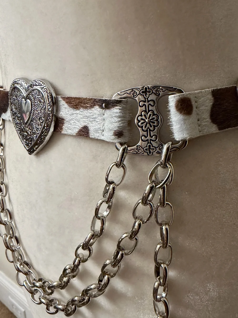 Haute Hippie Cow Print faux fur Hair-on-Hide Heart Chain Belt NWT